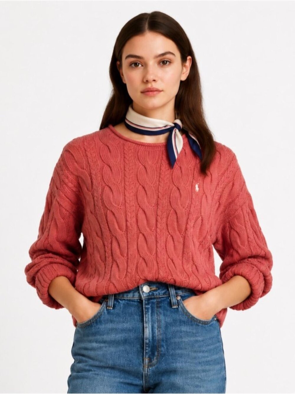 Ralph Lauren Ash Wash Faded Vintage Pink Berry Cable Knit Crewneck Sweater